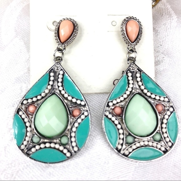🆕 PRETTY TURQUOISE ENAMELED EARRINGS #110 - Picture 1 of 2
